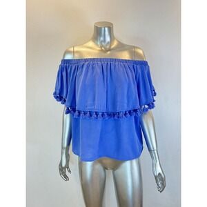 GIANNI BINI Blue Off-the-shoulder Tassel Top Womens XS Blouse Dory